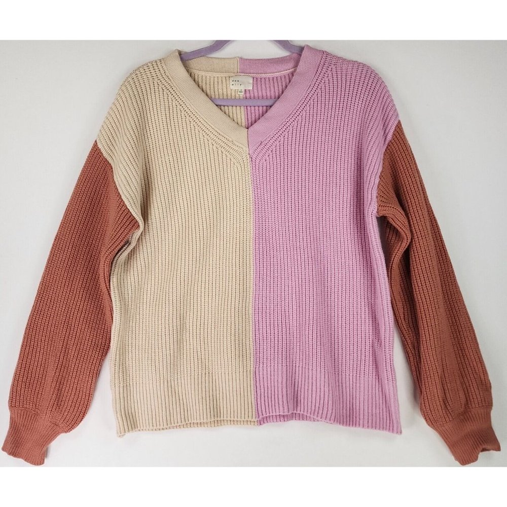 Dee Elly Sweater Womens Small Multi Color Block V Neck Knit Preppy Drop Shoulder - Picture 1 of 13